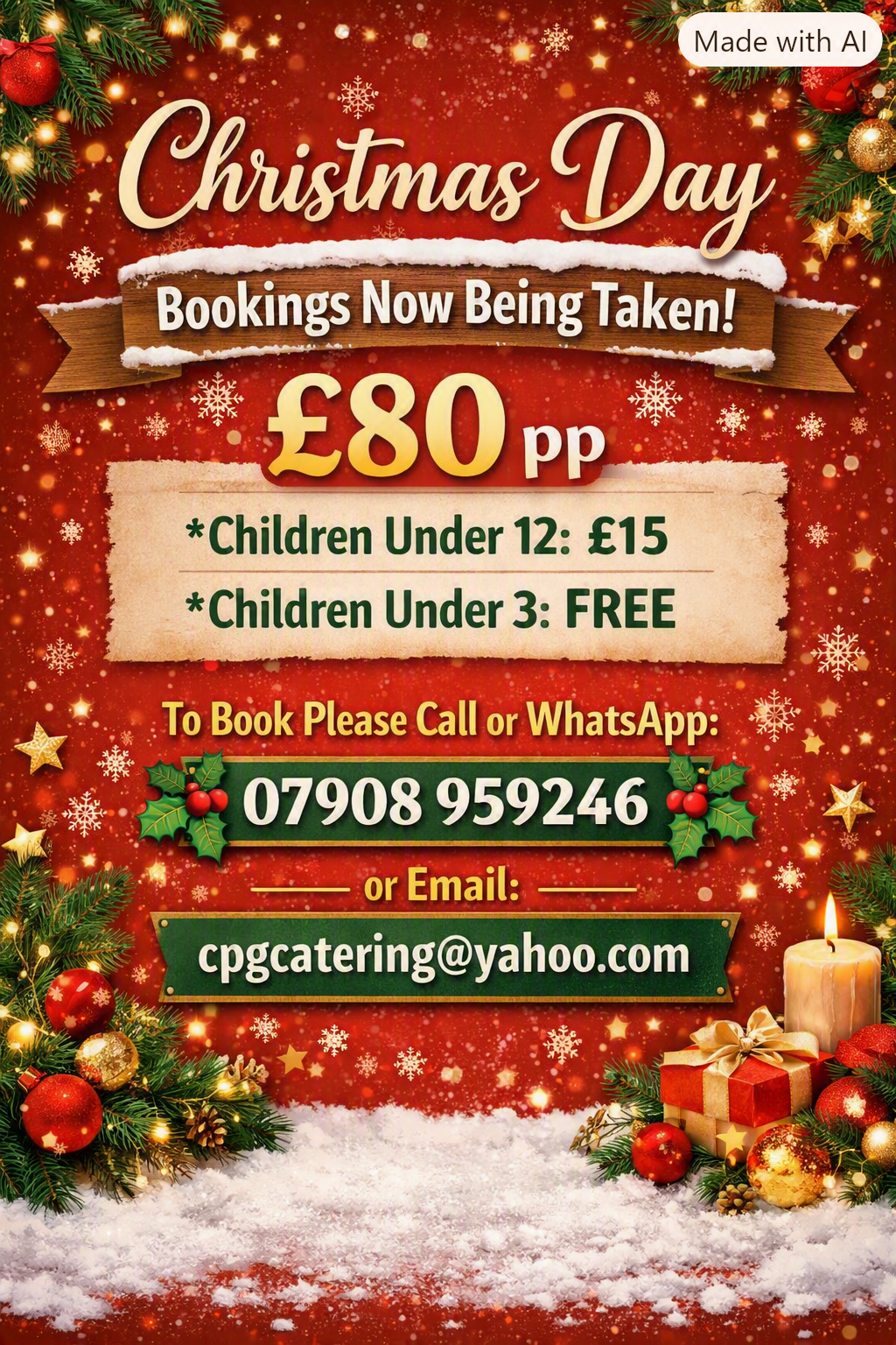 Christmas Day bookings now being taken, £80 per person